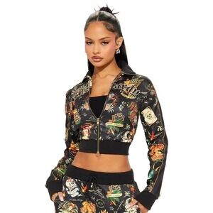 Ed Hardy Shrunken Flashboard Women's Black Track Jacket Size SMALL